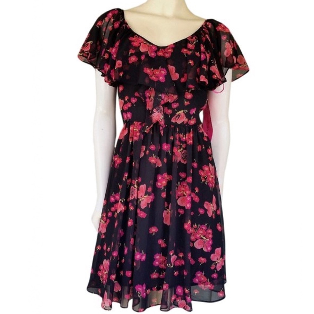 Betsey Johnson Black Pink Floral Dress Butterfly Chiffon